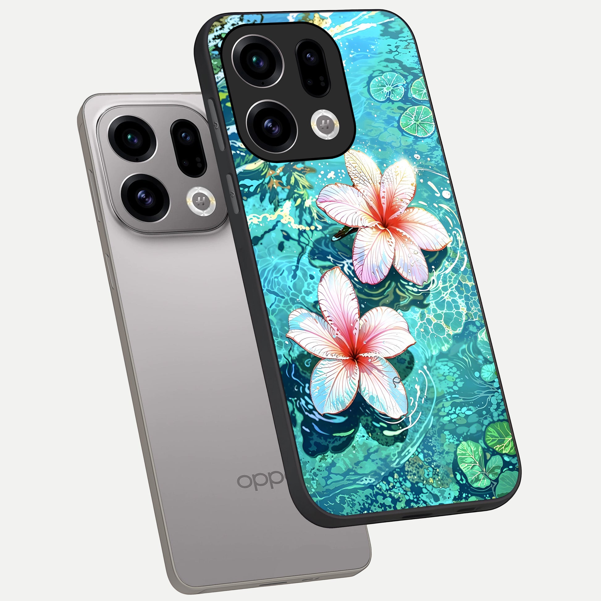  Pink Flowers in Water phone case For Oppo Find X9 showing premium glass back cover with detailed artwork