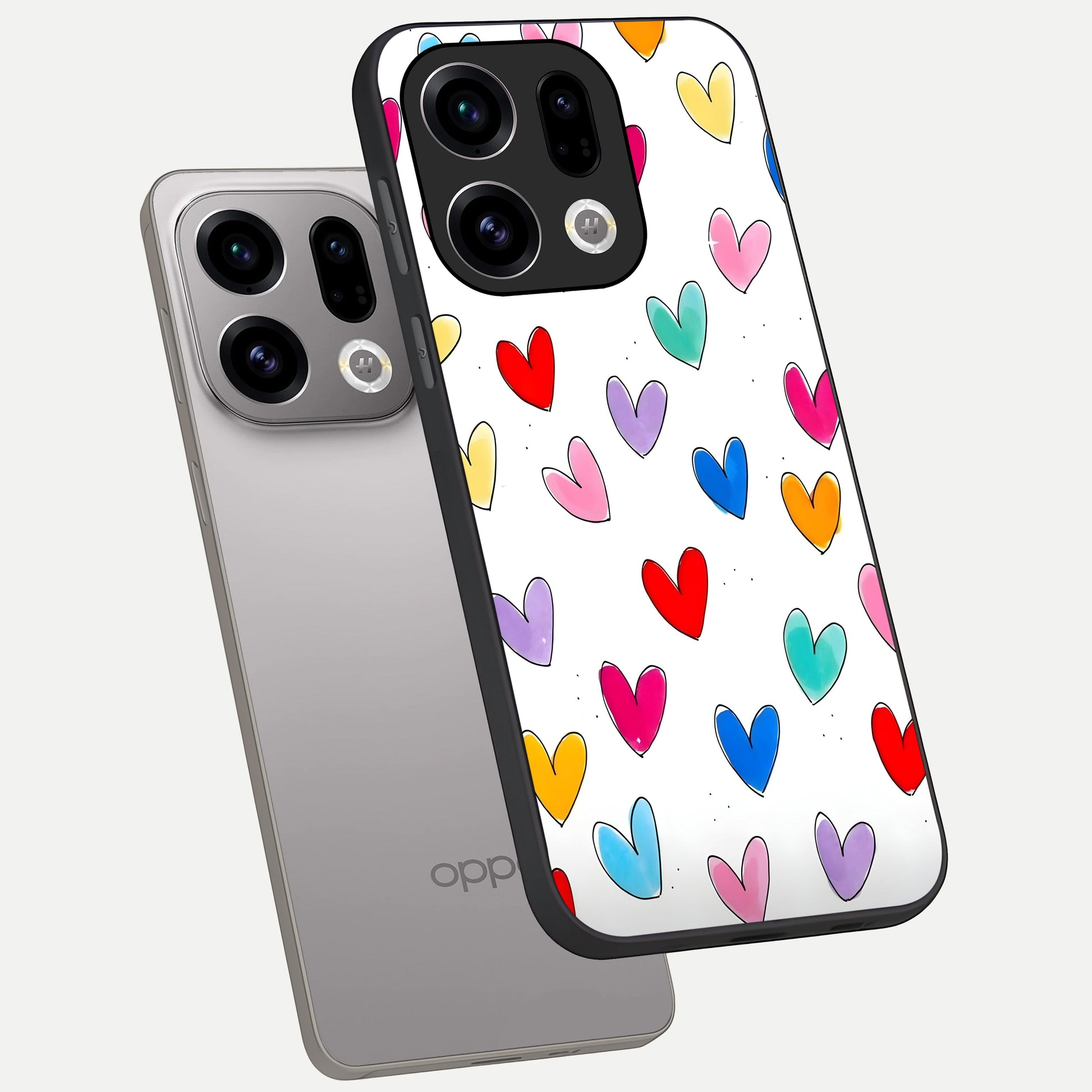  Playful Love Doodles phone case For Oppo Find X9 showing premium glass back cover with detailed artwork