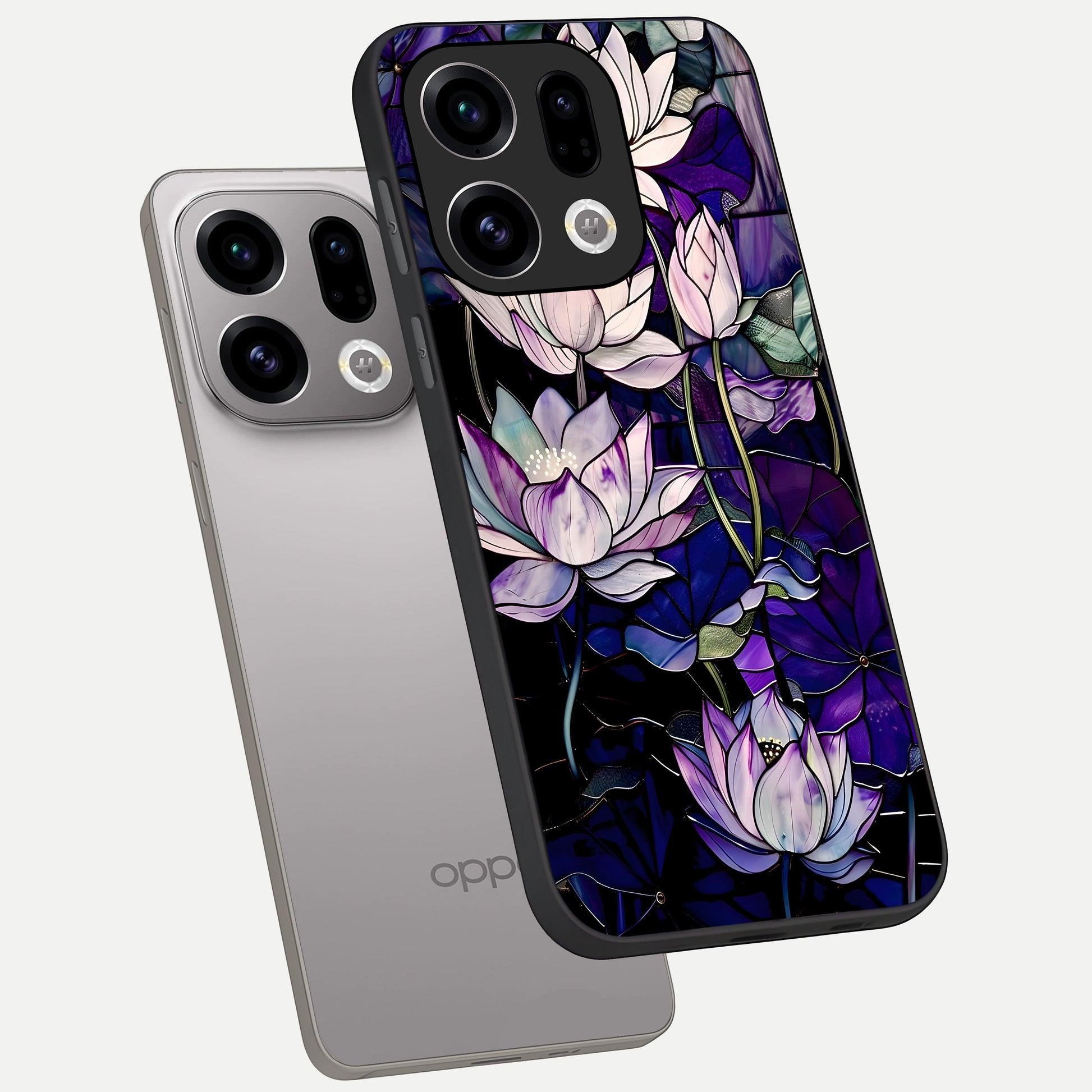  Purple Lotus Pattern phone case For Oppo Find X9 showing premium glass back cover with detailed artwork