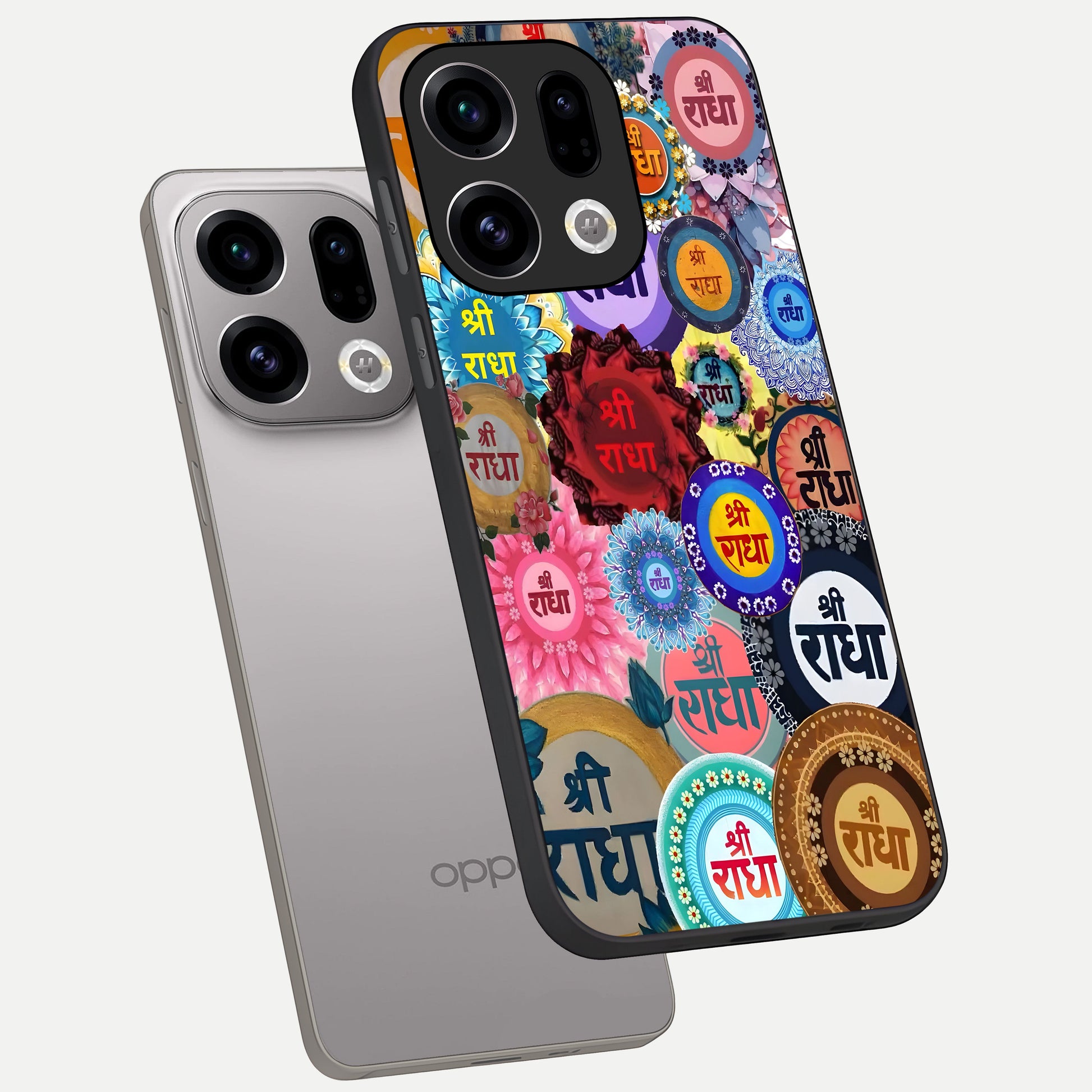  Radha Divine Bloom phone case For Oppo Find X9 showing premium glass back cover with detailed artwork