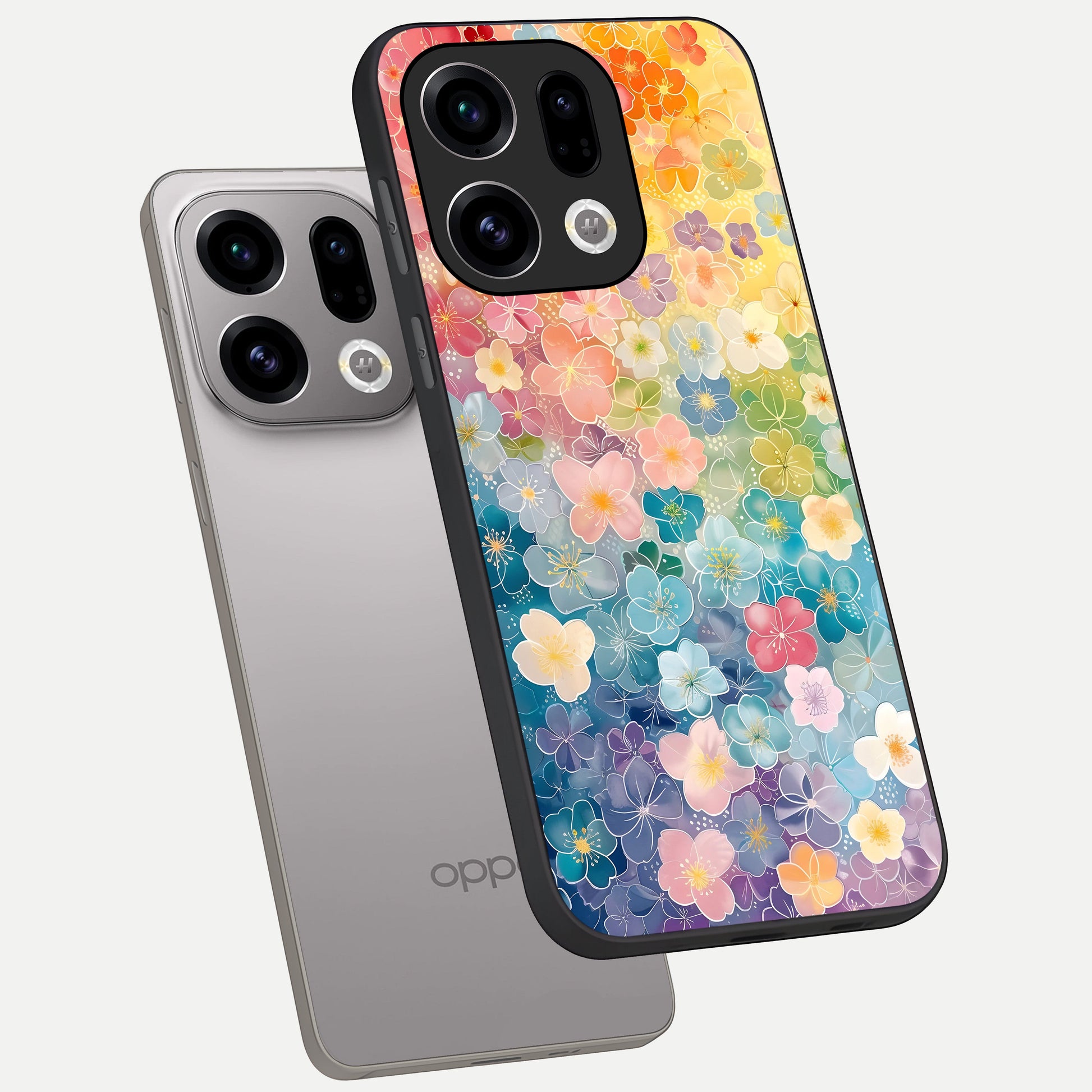  Rainbow Blossom Burst phone case For Oppo Find X9 showing premium glass back cover with detailed artwork