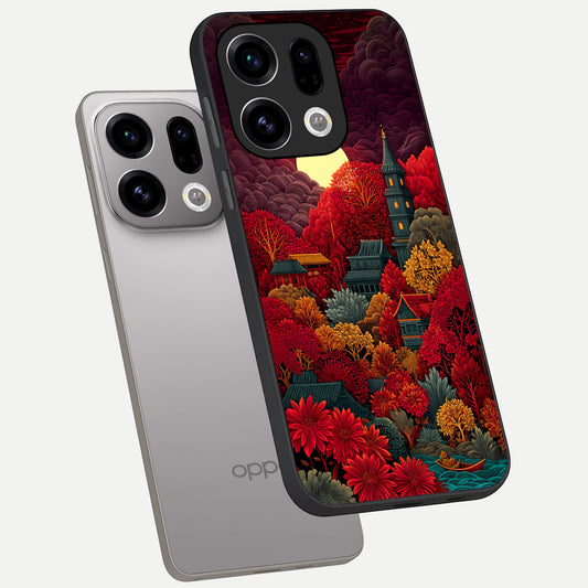  Scarlet Autumn Temple phone case For Oppo Find X9 showing premium glass back cover with detailed artwork