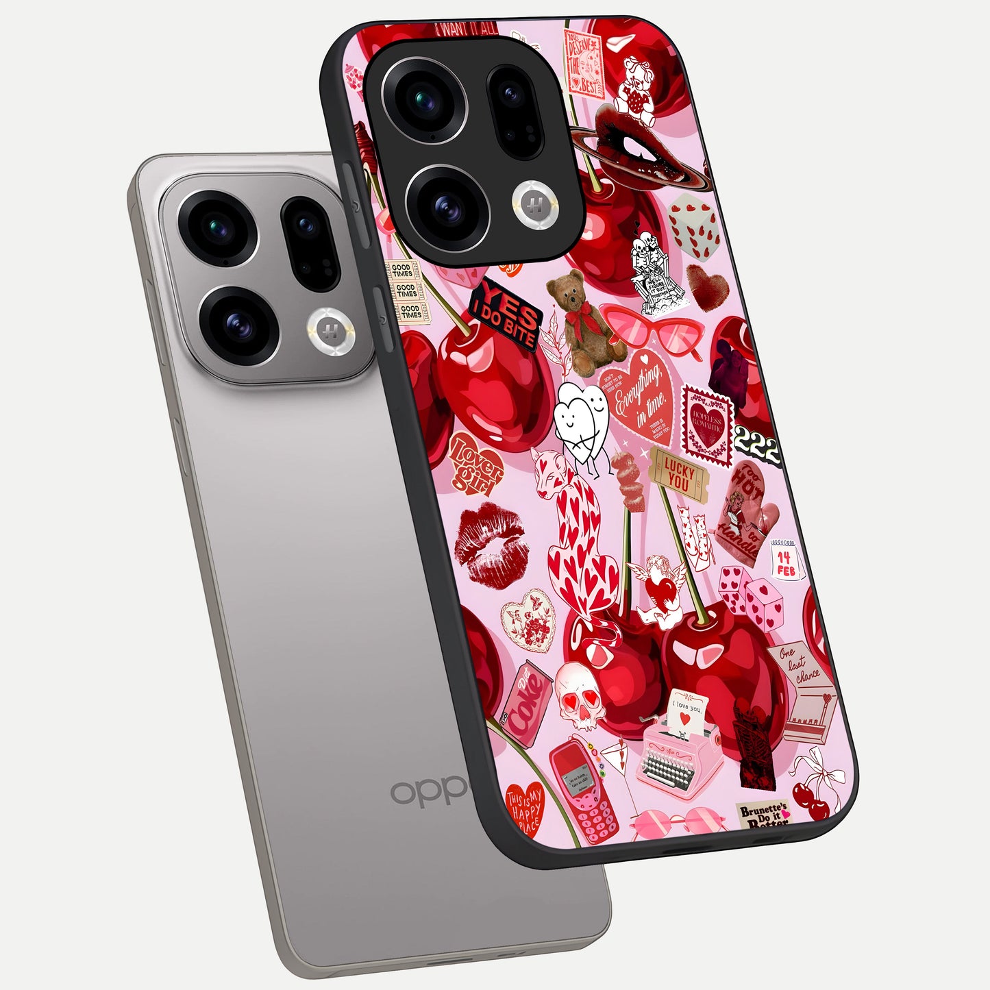  Sweet Cherry Chaos phone case For Oppo Find X9 showing premium glass back cover with detailed artwork