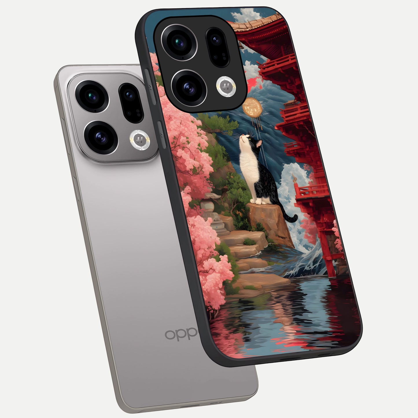  Temple Cat Scenery phone case For Oppo Find X9 showing premium glass back cover with detailed artwork