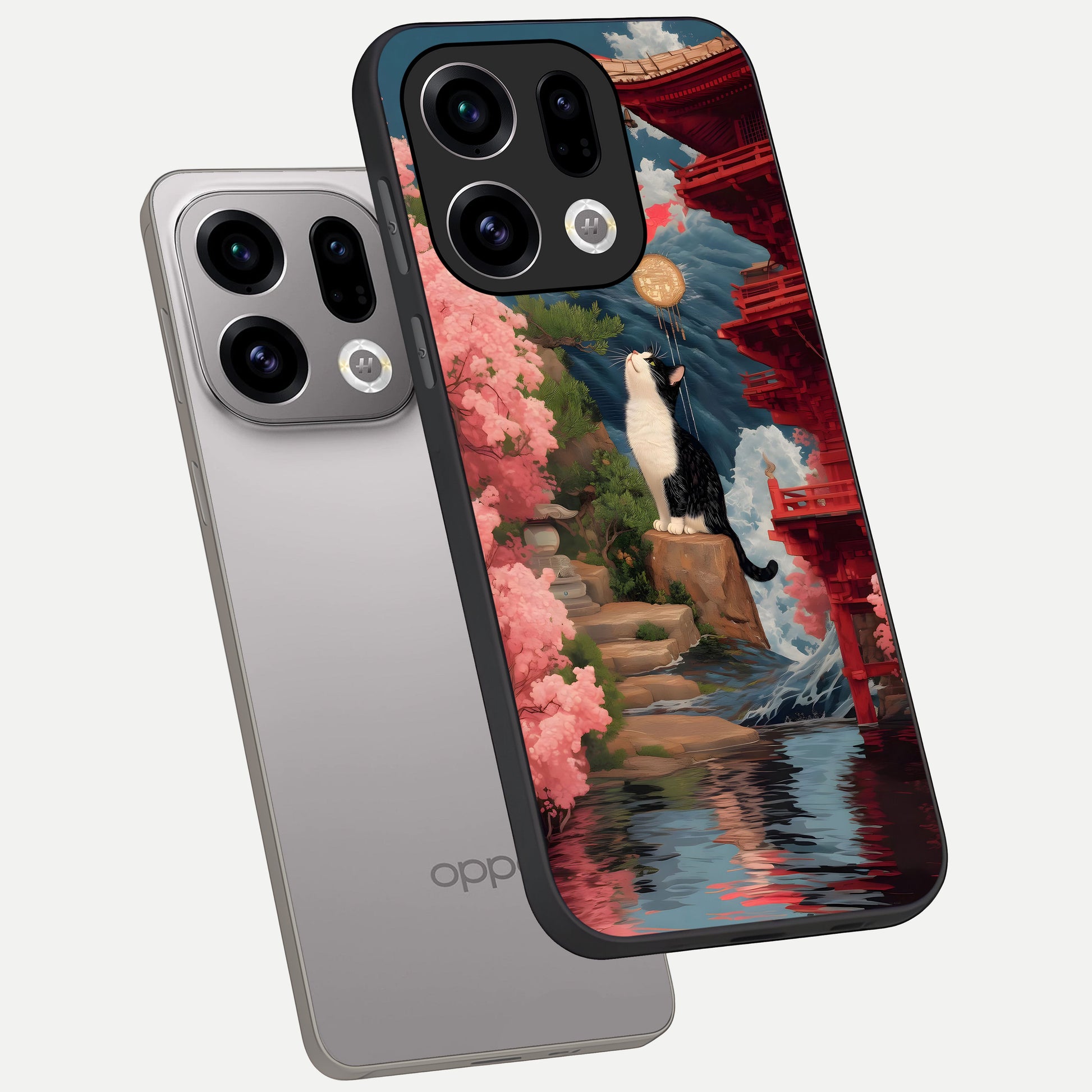  Temple Cat Scenery phone case For Oppo Find X9 showing premium glass back cover with detailed artwork