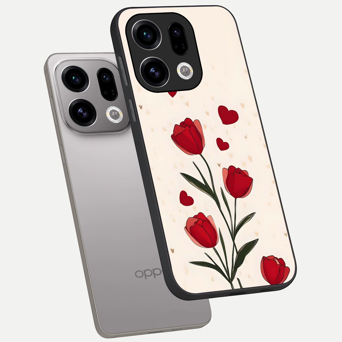  Tulip With Heart phone case For Oppo Find X9 showing premium glass back cover with detailed artwork