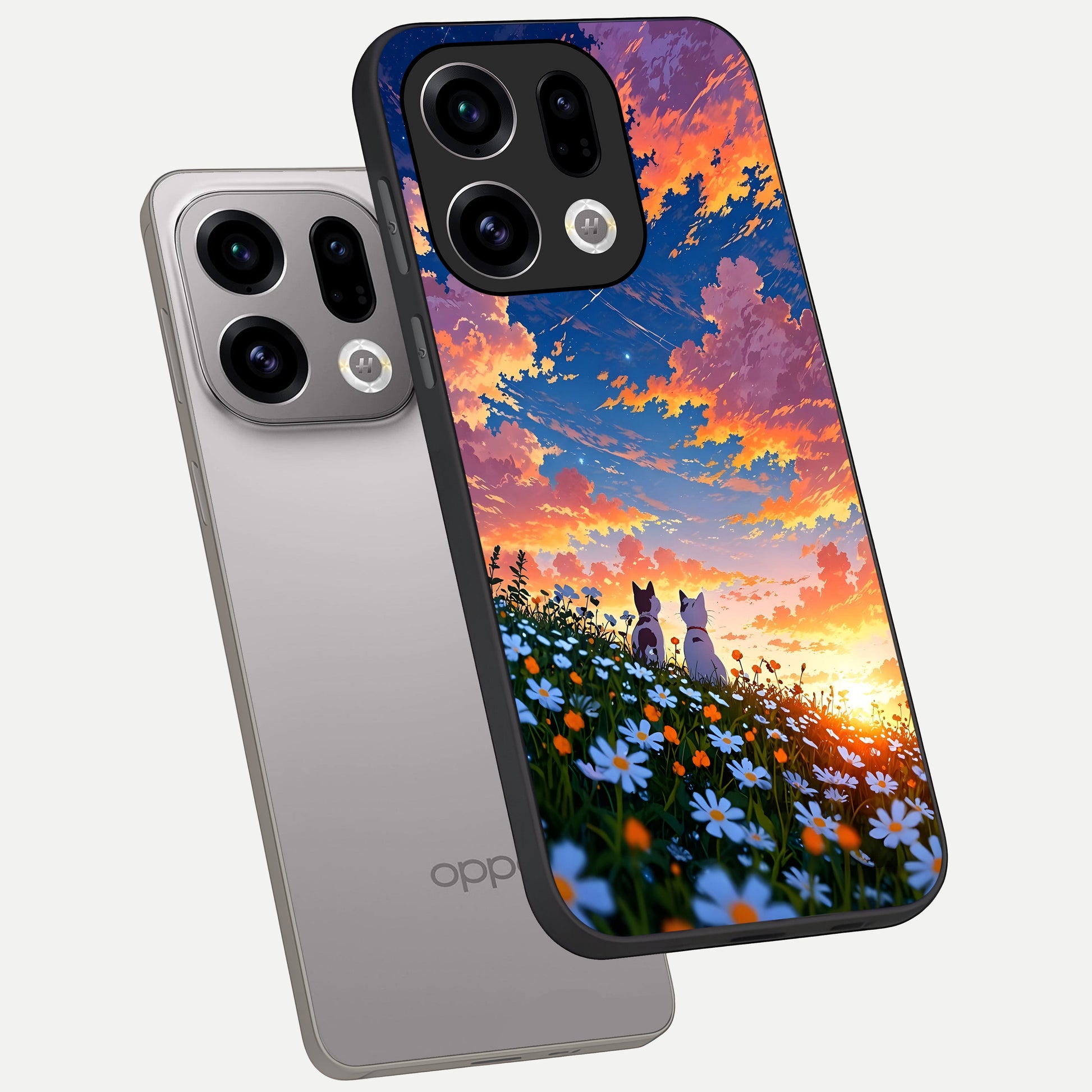  Two Cats Friends phone case For Oppo Find X9 showing premium glass back cover with detailed artwork