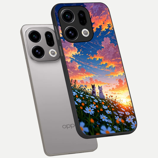  Two Cats Friends phone case For Oppo Find X9 showing premium glass back cover with detailed artwork