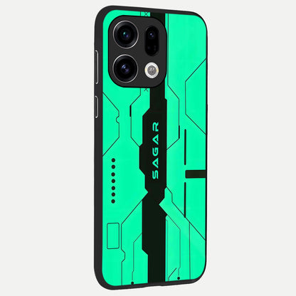  Aqua Tech CYBERPUNK Custom Name back cover For Oppo Find X9 slim fit glass case with vibrant aesthetic design