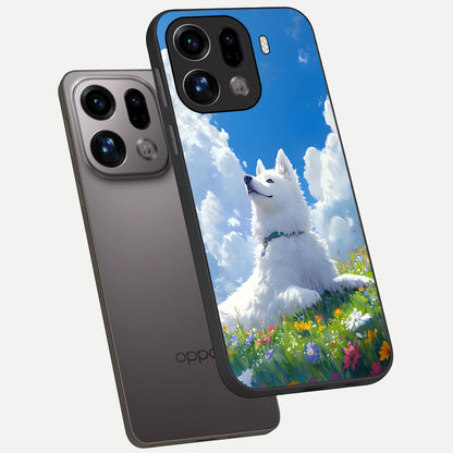  Blissful Cloud Pup phone case For Oppo Find X9 Pro showing premium glass back cover with detailed artwork