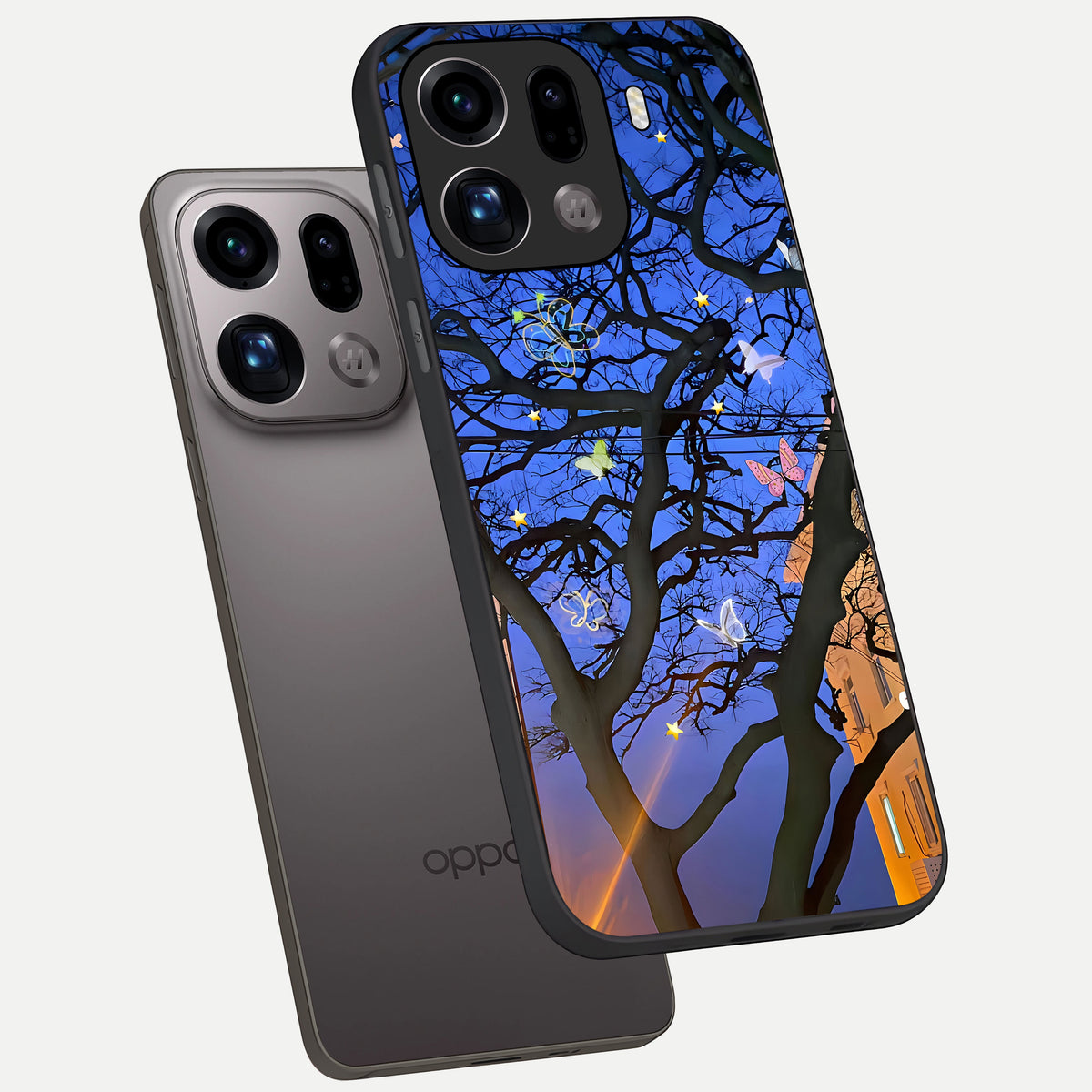  Butterfly Night Magic phone case For Oppo Find X9 Pro showing premium glass back cover with detailed artwork