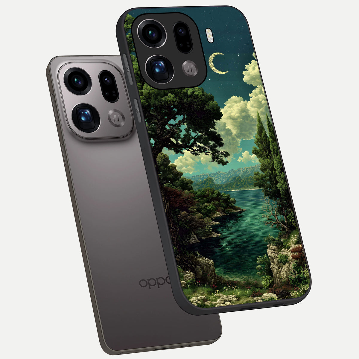  Celestial Lake Peace phone case For Oppo Find X9 Pro showing premium glass back cover with detailed artwork