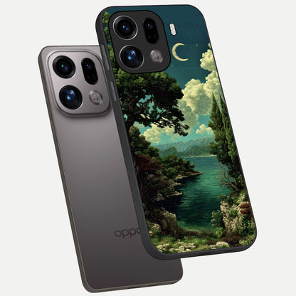  Celestial Lake Peace phone case For Oppo Find X9 Pro showing premium glass back cover with detailed artwork