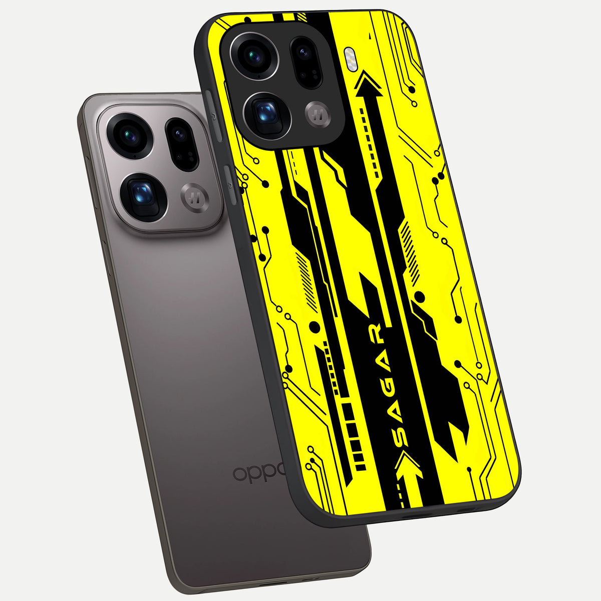  Electric Pulse CYBERPUNK Custom Name phone case For Oppo Find X9 Pro showing premium glass back cover with detailed artwork