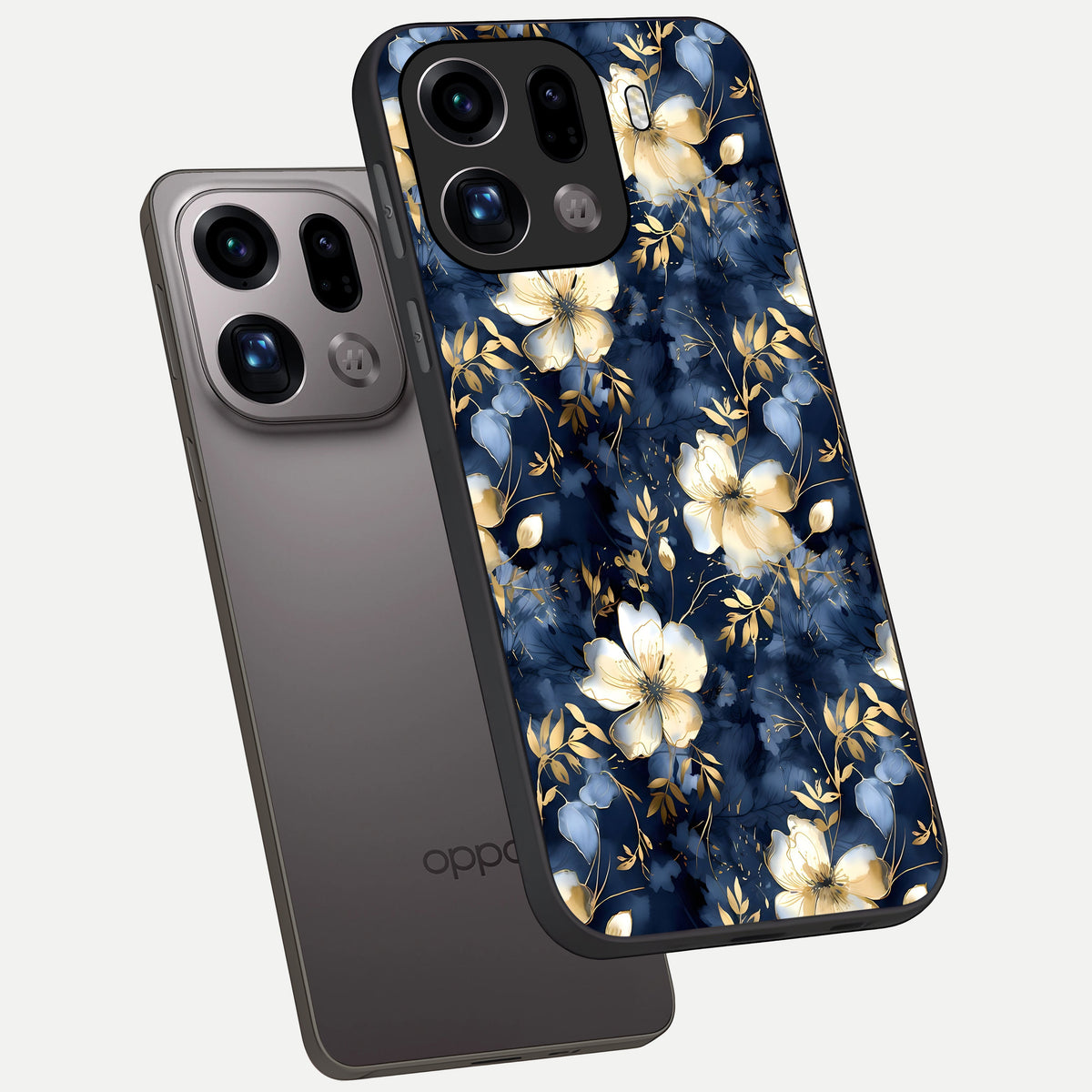  Golden Midnight Bloom phone case For Oppo Find X9 Pro showing premium glass back cover with detailed artwork