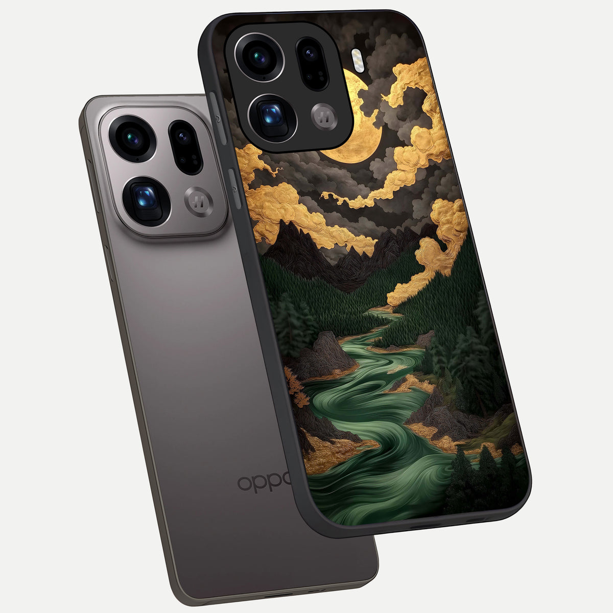  Golden River Moon phone case For Oppo Find X9 Pro showing premium glass back cover with detailed artwork