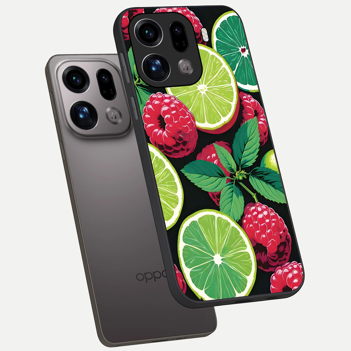  Lime and Raspberry Pattern phone case For Oppo Find X9 Pro showing premium glass back cover with detailed artwork