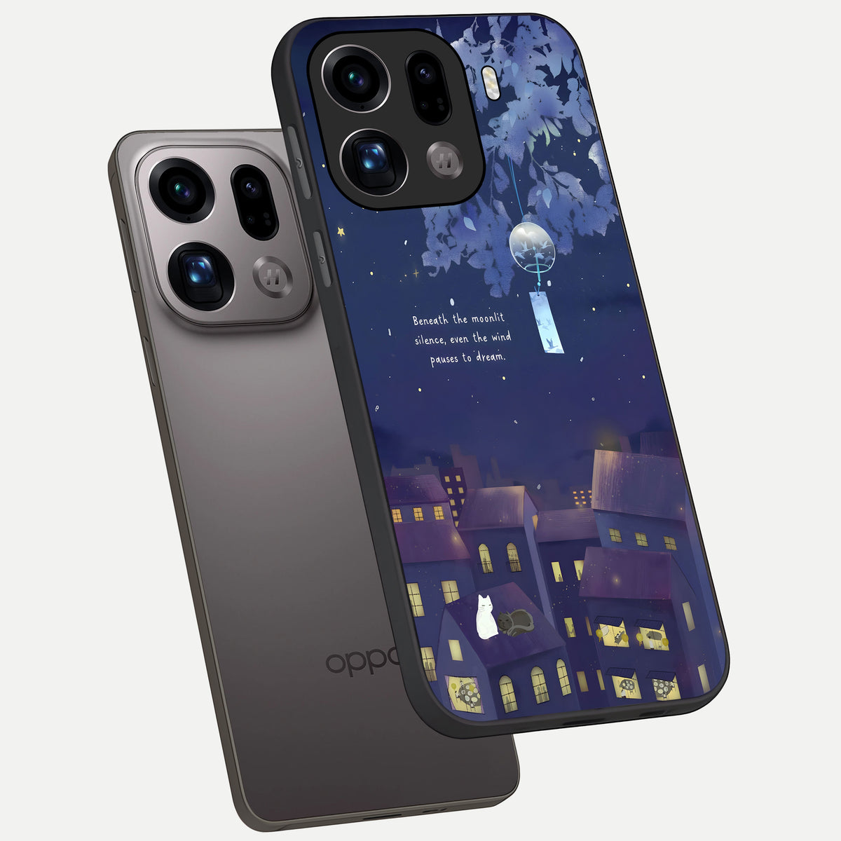  Moonlit Cat Silence phone case For Oppo Find X9 Pro showing premium glass back cover with detailed artwork
