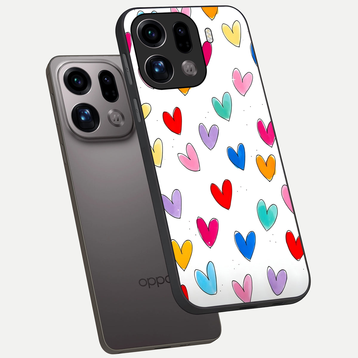  Playful Love Doodles phone case For Oppo Find X9 Pro showing premium glass back cover with detailed artwork