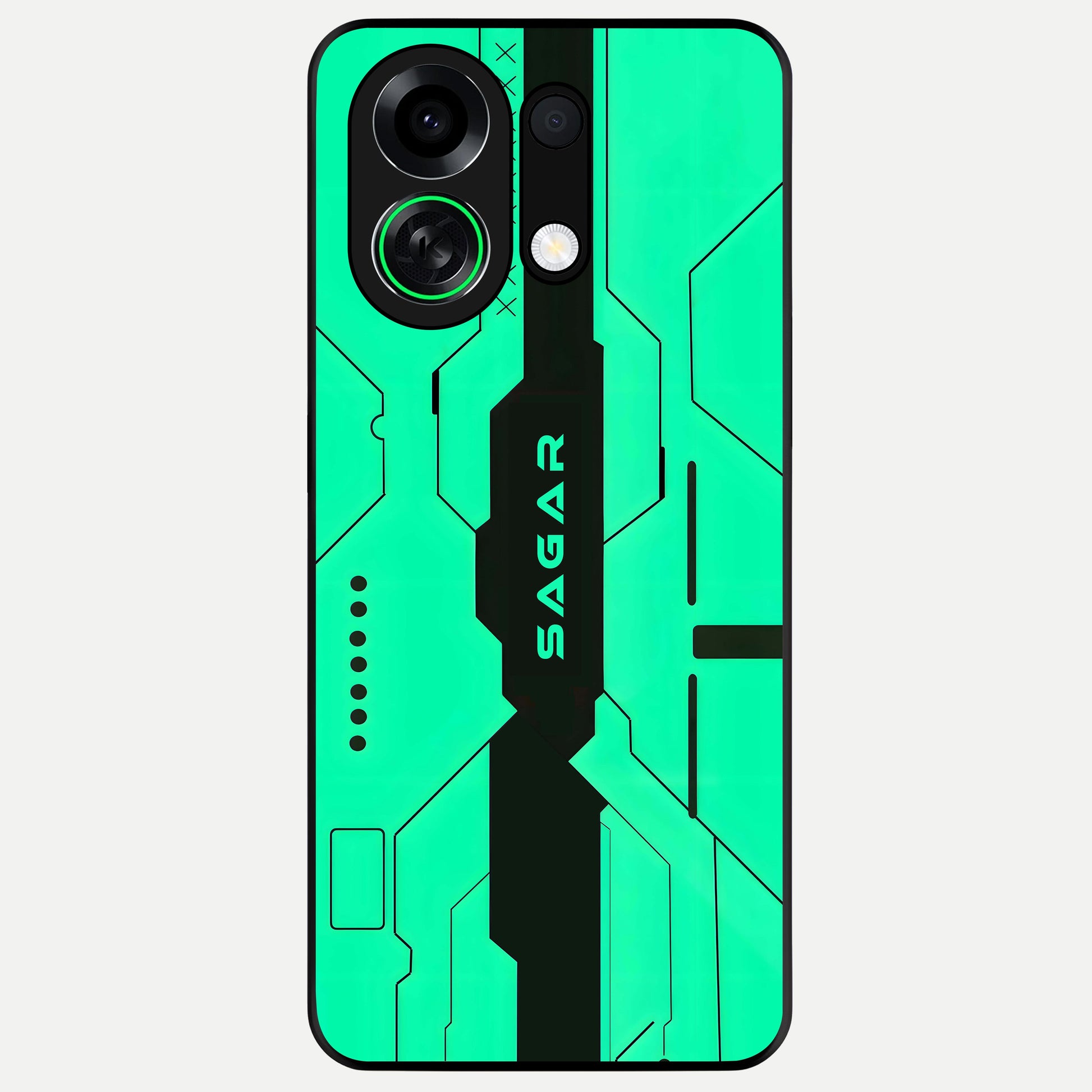  Aqua Tech CYBERPUNK Custom Name Glass Case For Oppo K13 Turbo back cover – full design glossy printed glass finish