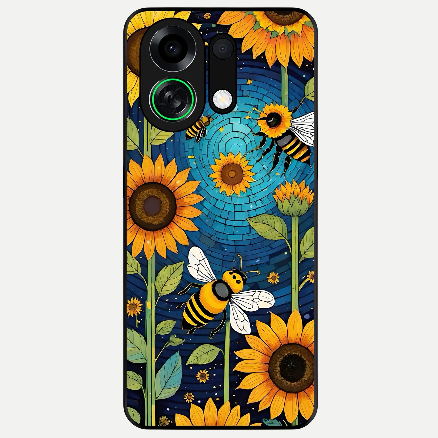  Bees And Sunflowers Glass Case For Oppo K13 Turbo back cover – full design glossy printed glass finish