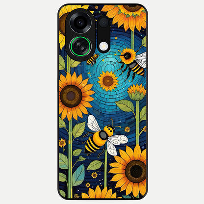  Bees And Sunflowers Glass Case For Oppo K13 Turbo back cover – full design glossy printed glass finish