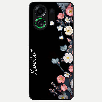  Black Elegance Floral Custom Name Glass Case For Oppo K13 Turbo back cover – full design glossy printed glass finish