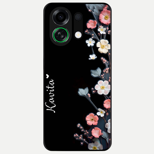  Black Elegance Floral Custom Name Glass Case For Oppo K13 Turbo back cover – full design glossy printed glass finish