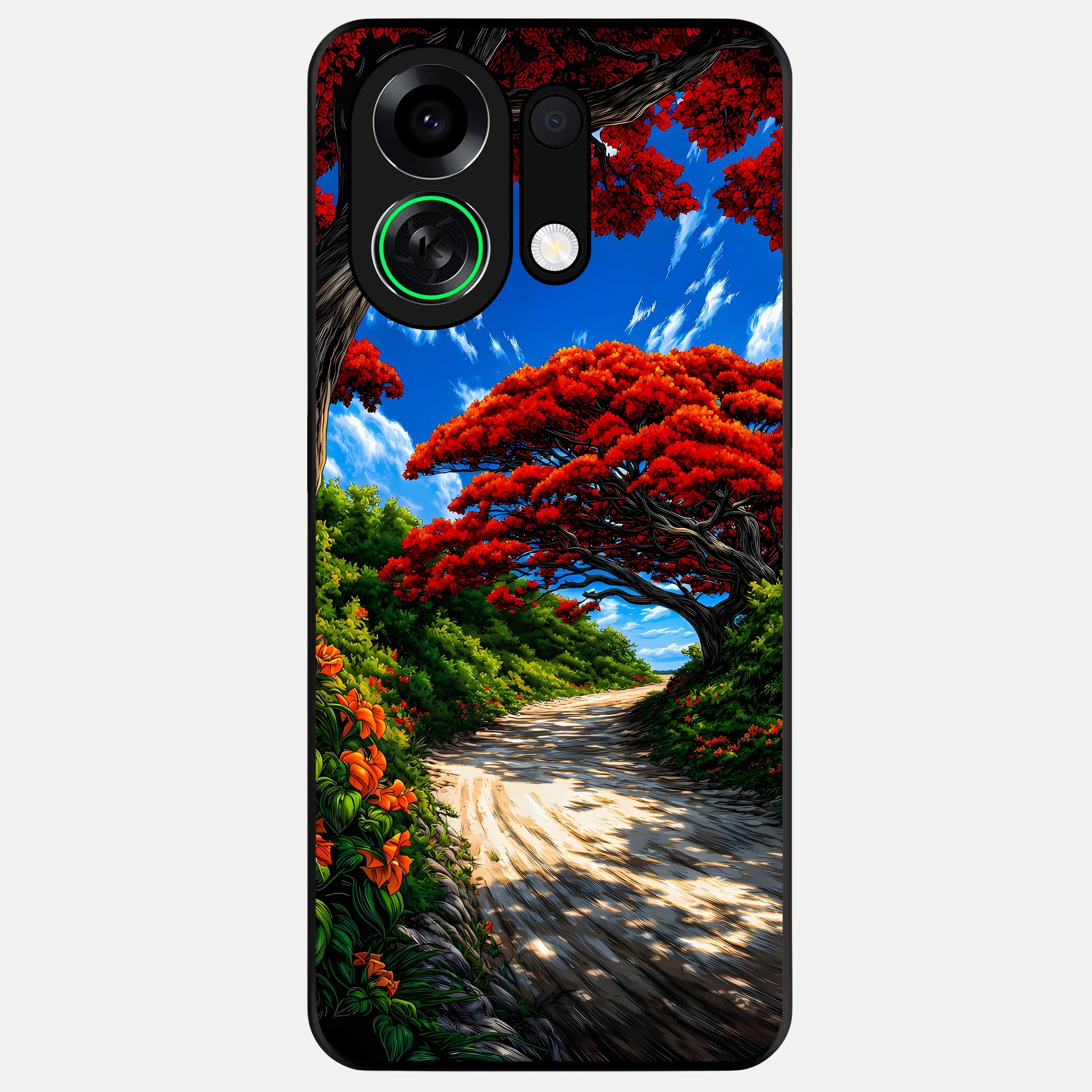  Red Trees Pathway Glass Case For Oppo K13 Turbo back cover – full design glossy printed glass finish