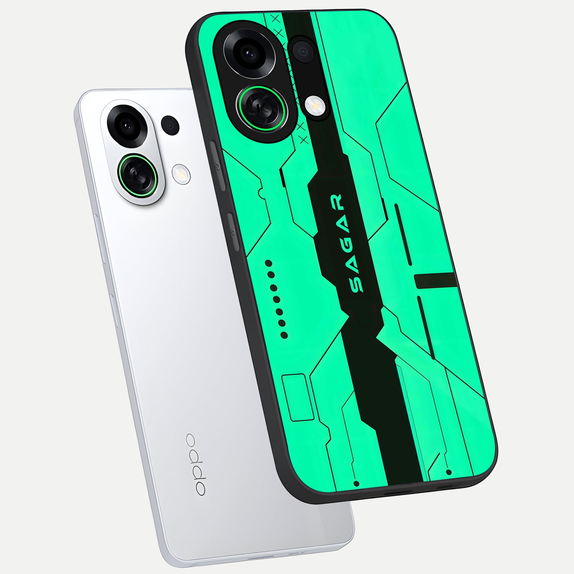  Aqua Tech CYBERPUNK Custom Name phone case For Oppo K13 Turbo showing premium glass back cover with detailed artwork