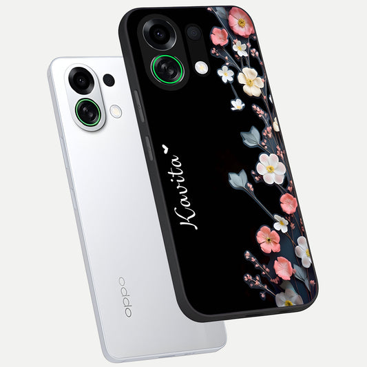 Black Elegance Floral Custom Name phone case For Oppo K13 Turbo showing premium glass back cover with detailed artwork