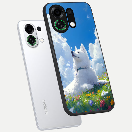  Blissful Cloud Pup phone case For Oppo K13 Turbo showing premium glass back cover with detailed artwork