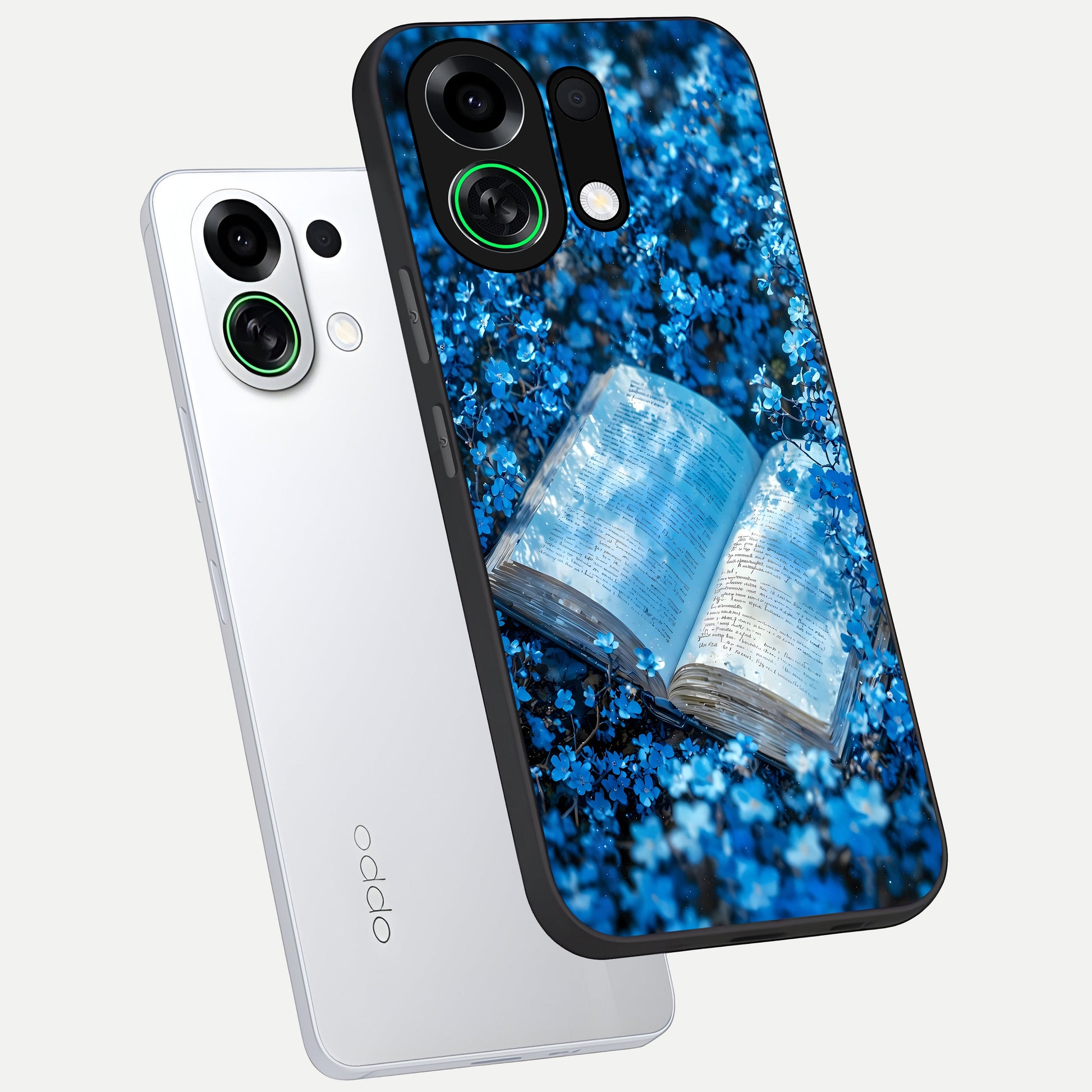  Blue Bloom Tales phone case For Oppo K13 Turbo showing premium glass back cover with detailed artwork