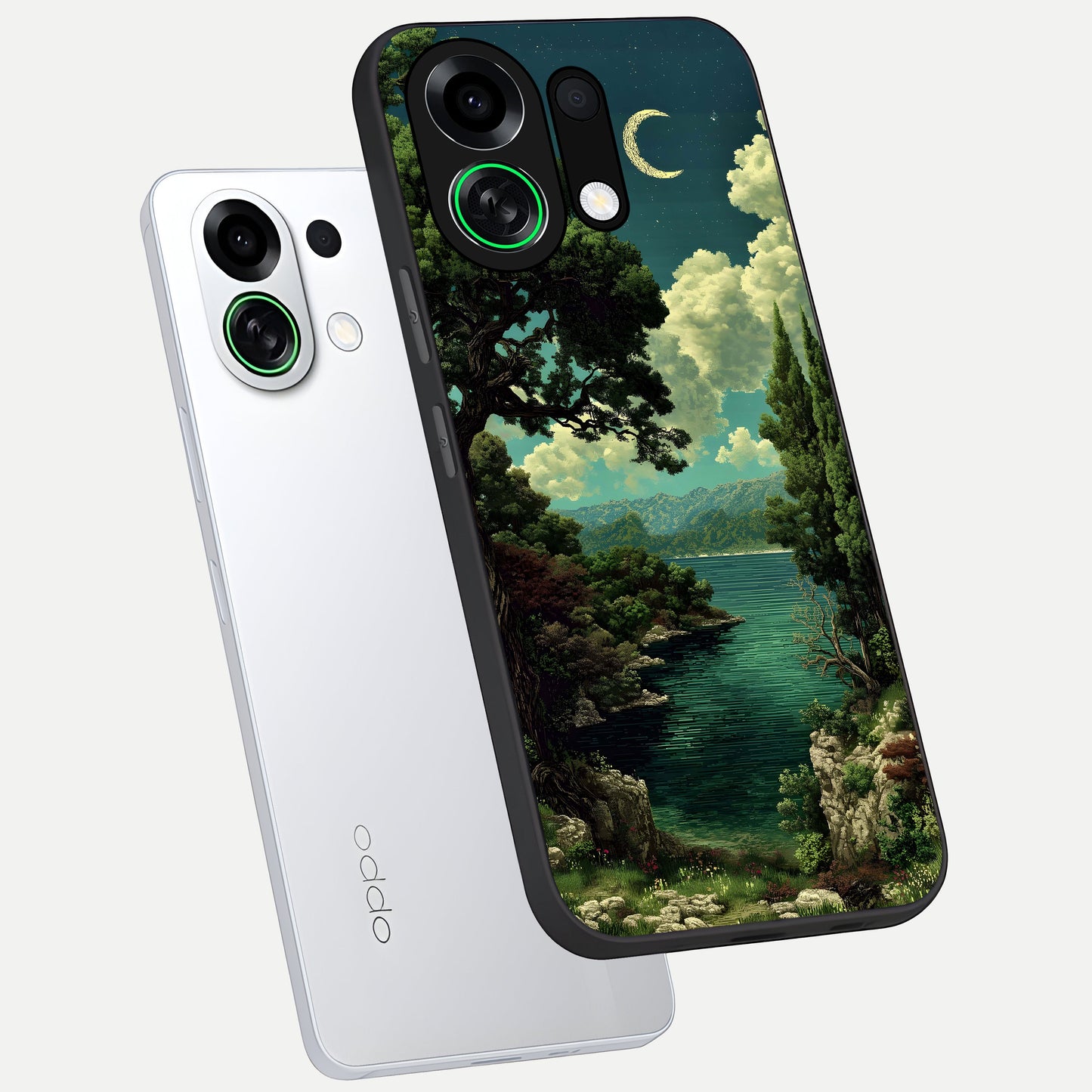  Celestial Lake Peace phone case For Oppo K13 Turbo showing premium glass back cover with detailed artwork