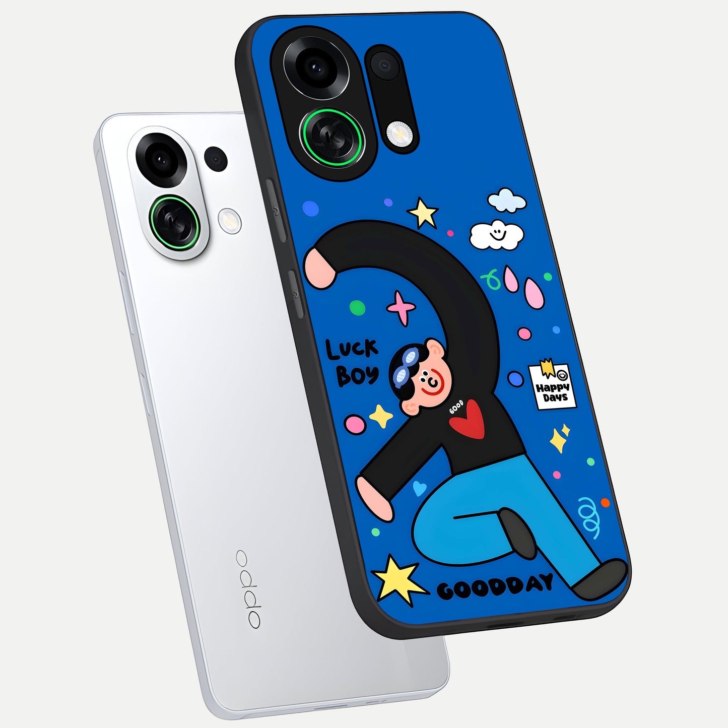  Happy Luck Vibe phone case For Oppo K13 Turbo showing premium glass back cover with detailed artwork