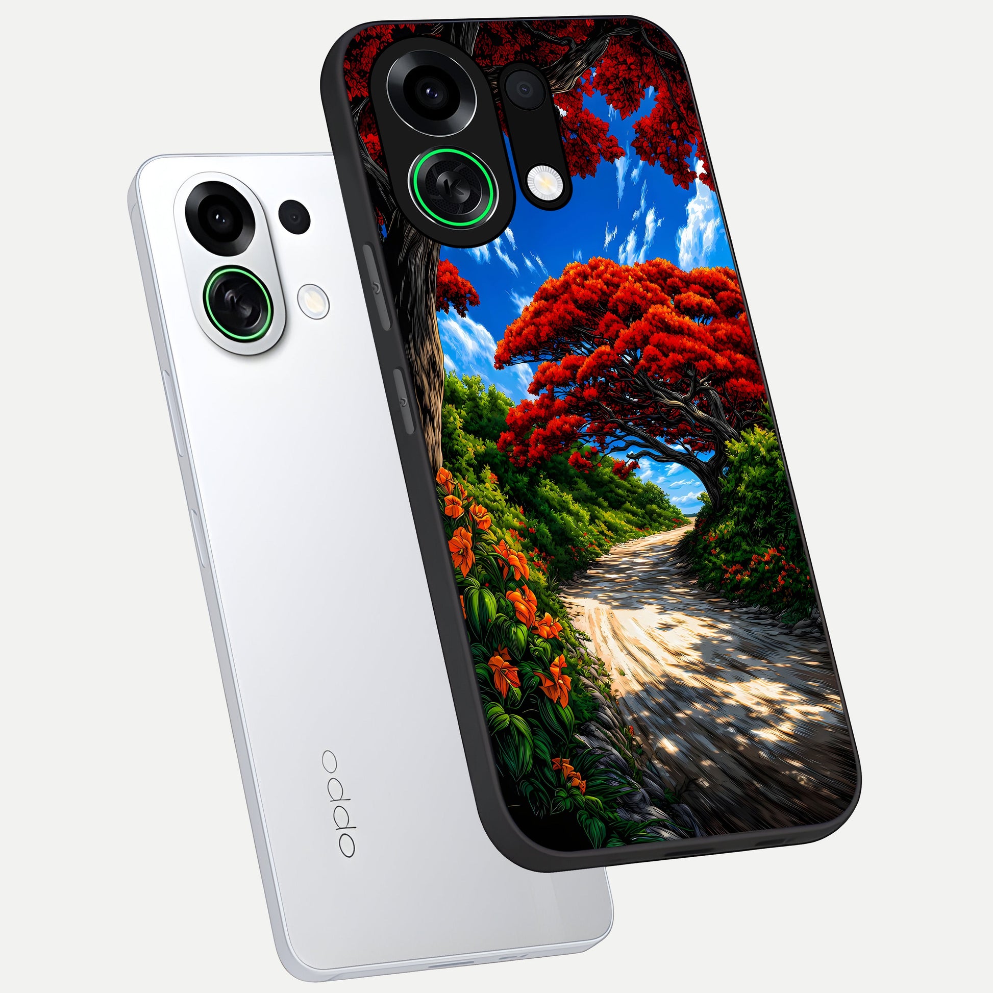 Red Trees Pathway phone case For Oppo K13 Turbo showing premium glass back cover with detailed artwork