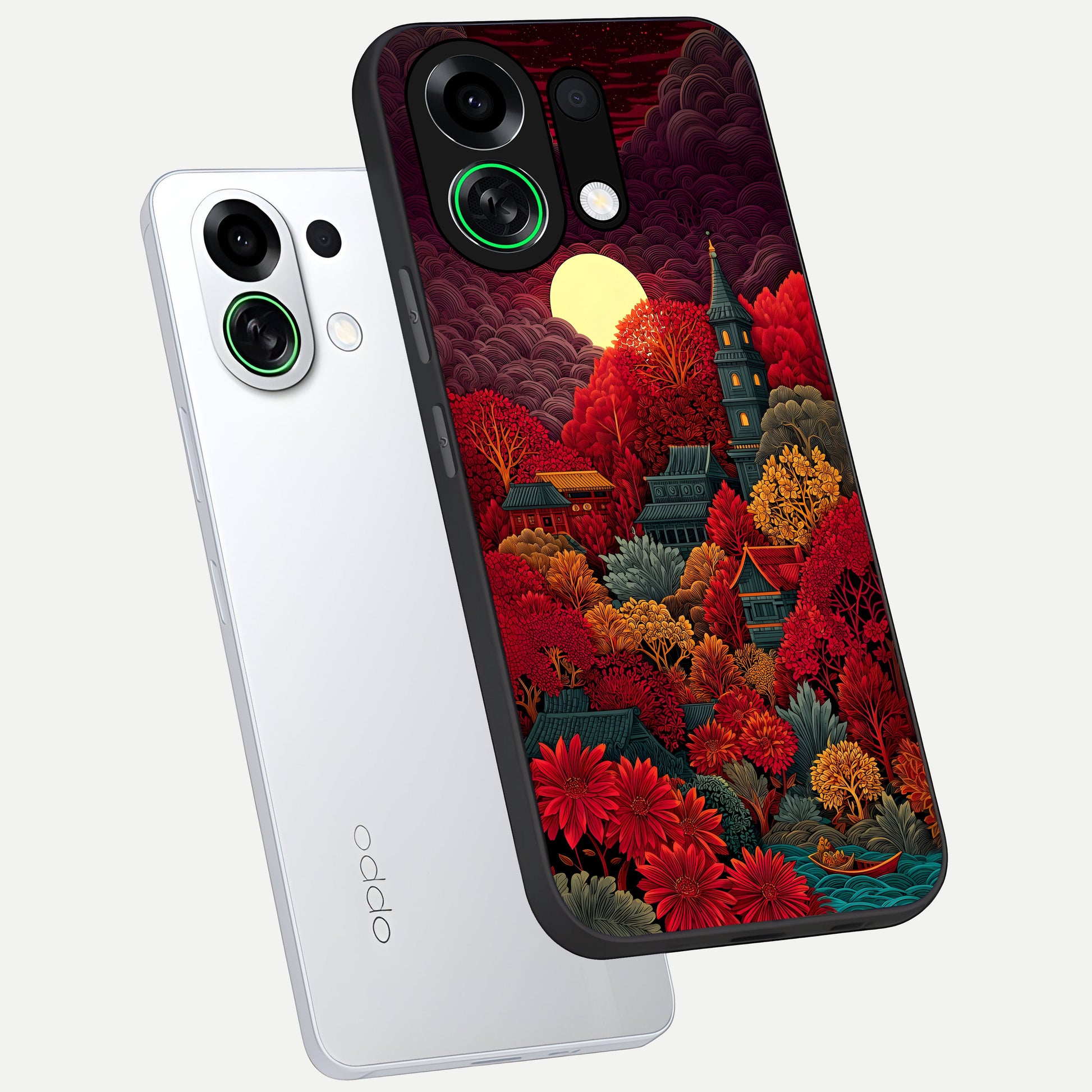  Scarlet Autumn Temple phone case For Oppo K13 Turbo showing premium glass back cover with detailed artwork