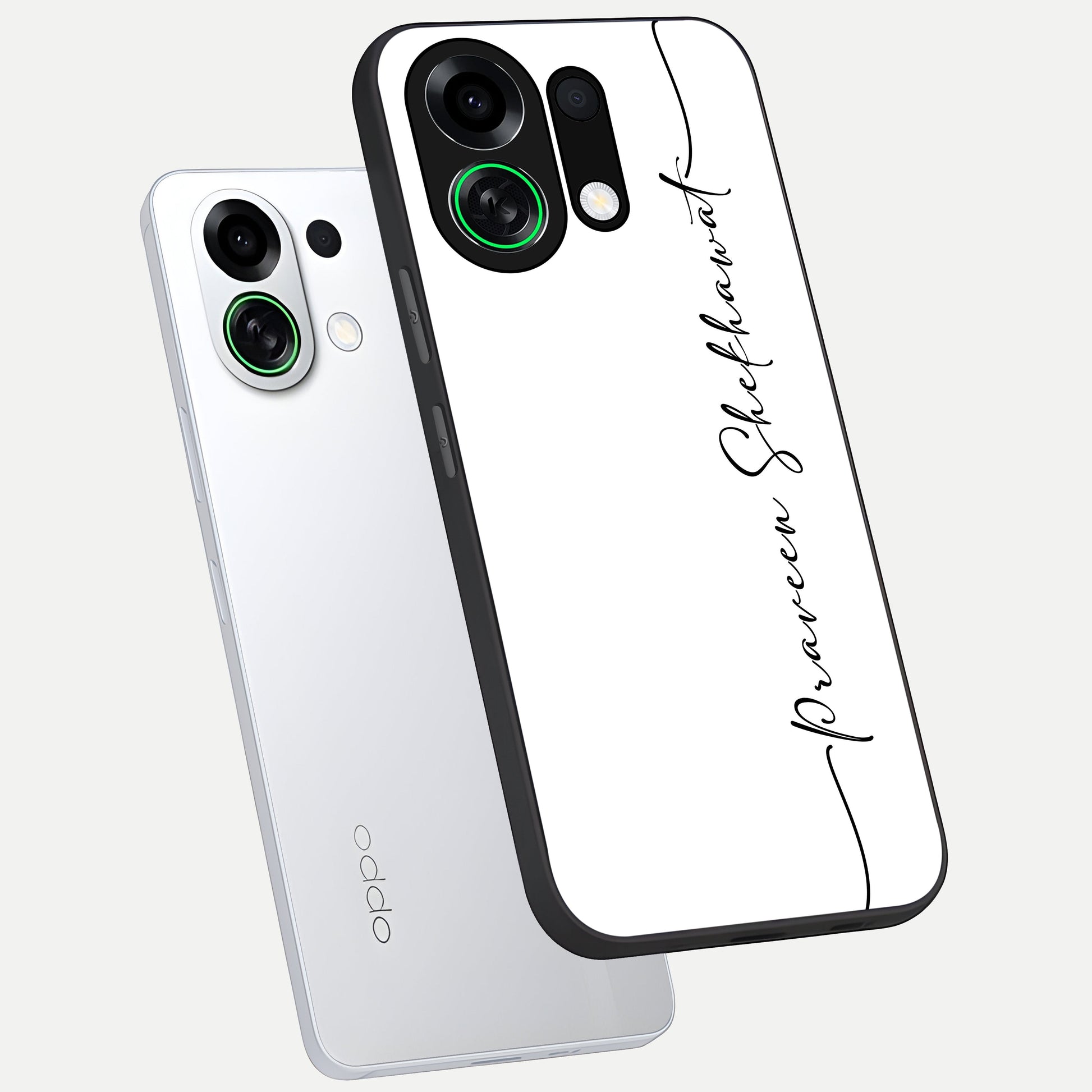  White Tune Custom Name phone case For Oppo K13 Turbo showing premium custom name glass back cover