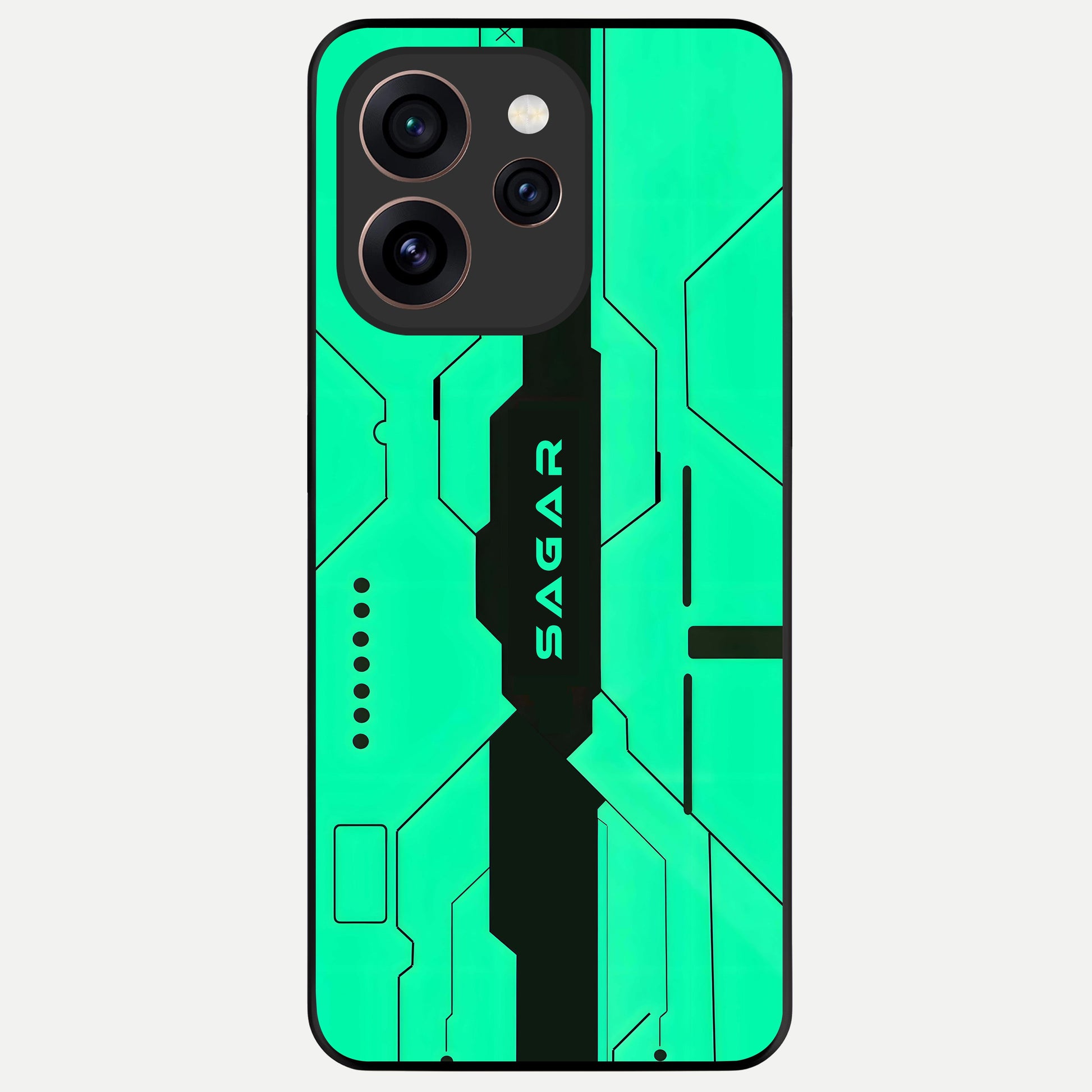  Aqua Tech CYBERPUNK Custom Name Glass Case For Oppo Reno 15 Pro back cover – full design glossy printed glass finish