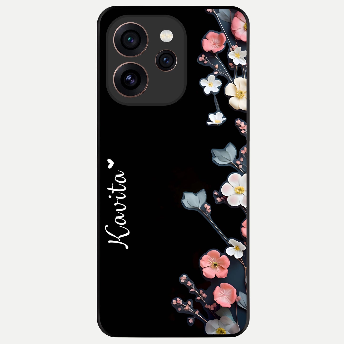  Black Elegance Floral Custom Name Glass Case For Oppo Reno 15 Pro back cover – full design glossy printed glass finish