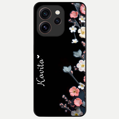  Black Elegance Floral Custom Name Glass Case For Oppo Reno 15 Pro back cover – full design glossy printed glass finish