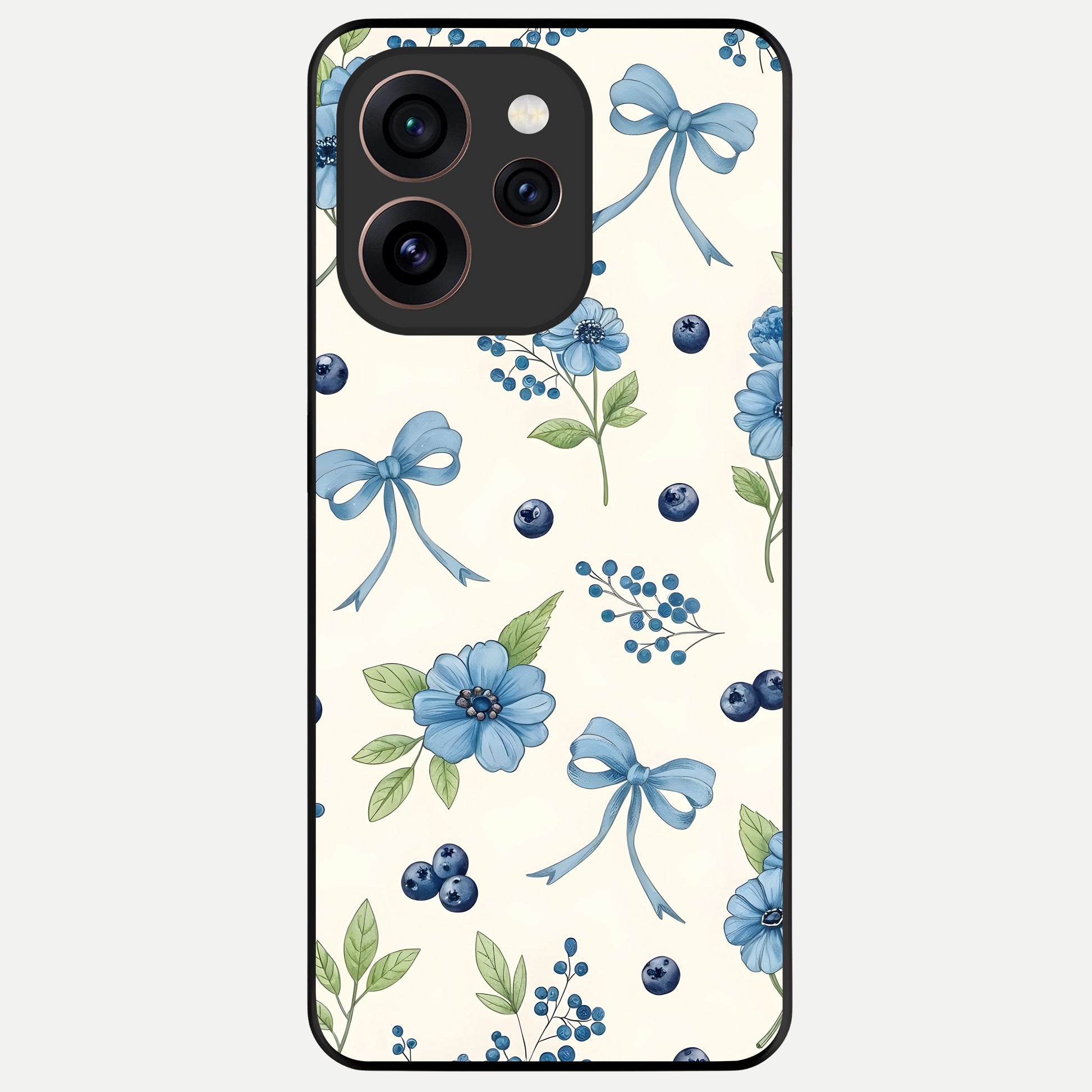  Blue Flower And Bow Glass Case For Oppo Reno 15 Pro back cover – full design glossy printed glass finish