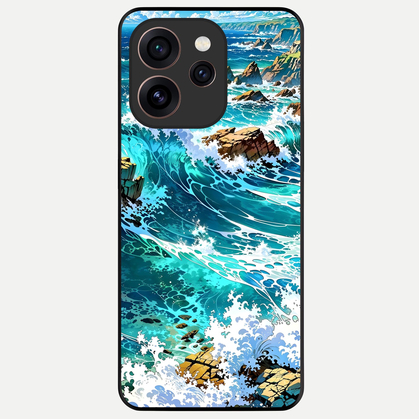  Coastal Blue Waves Glass Case For Oppo Reno 15 Pro back cover – full design glossy printed glass finish