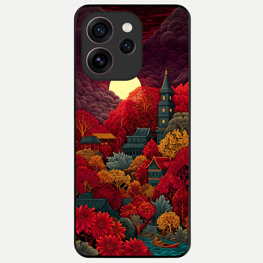  Scarlet Autumn Temple Glass Case For Oppo Reno 15 Pro back cover – full design glossy printed glass finish