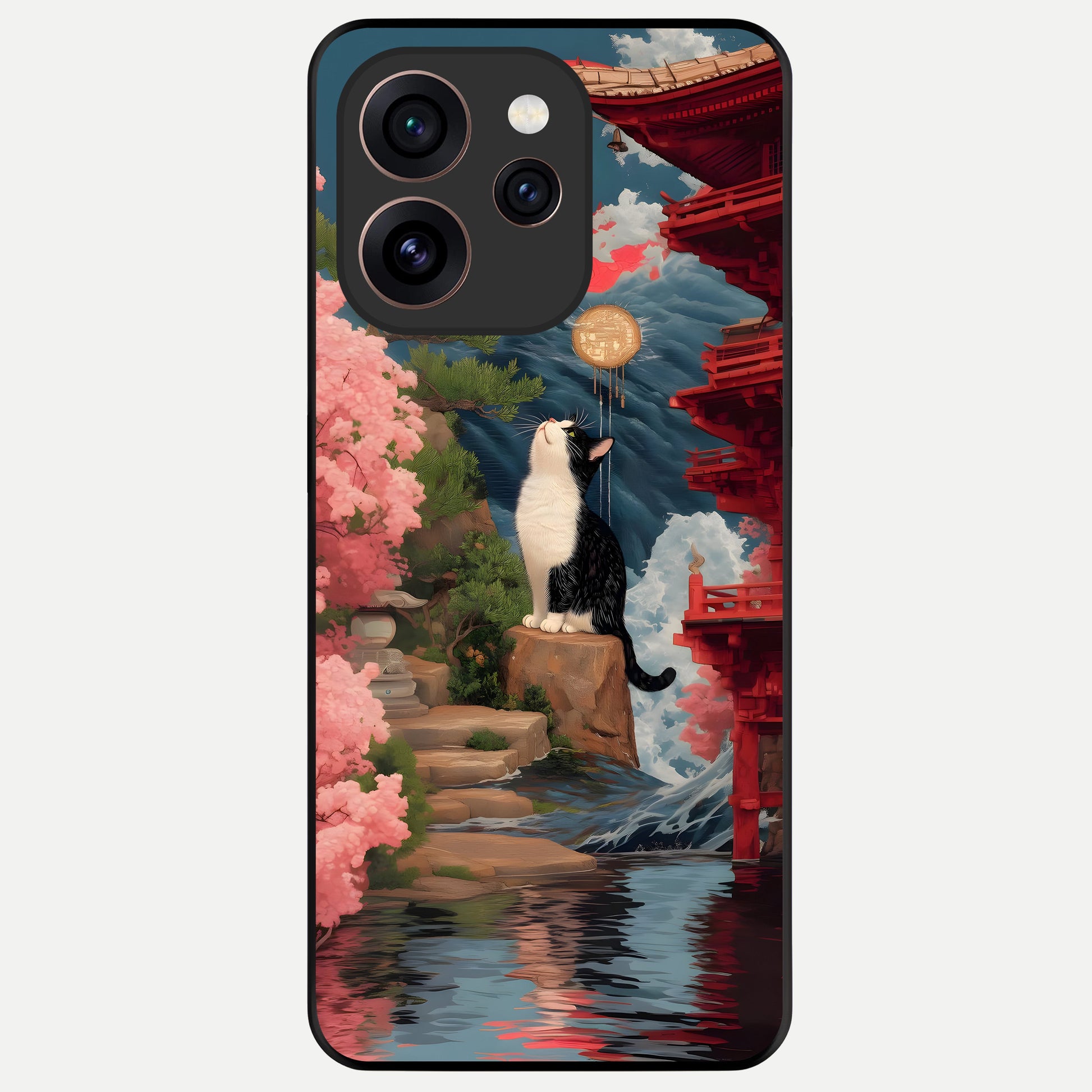  Temple Cat Scenery Glass Case For Oppo Reno 15 Pro back cover – full design glossy printed glass finish