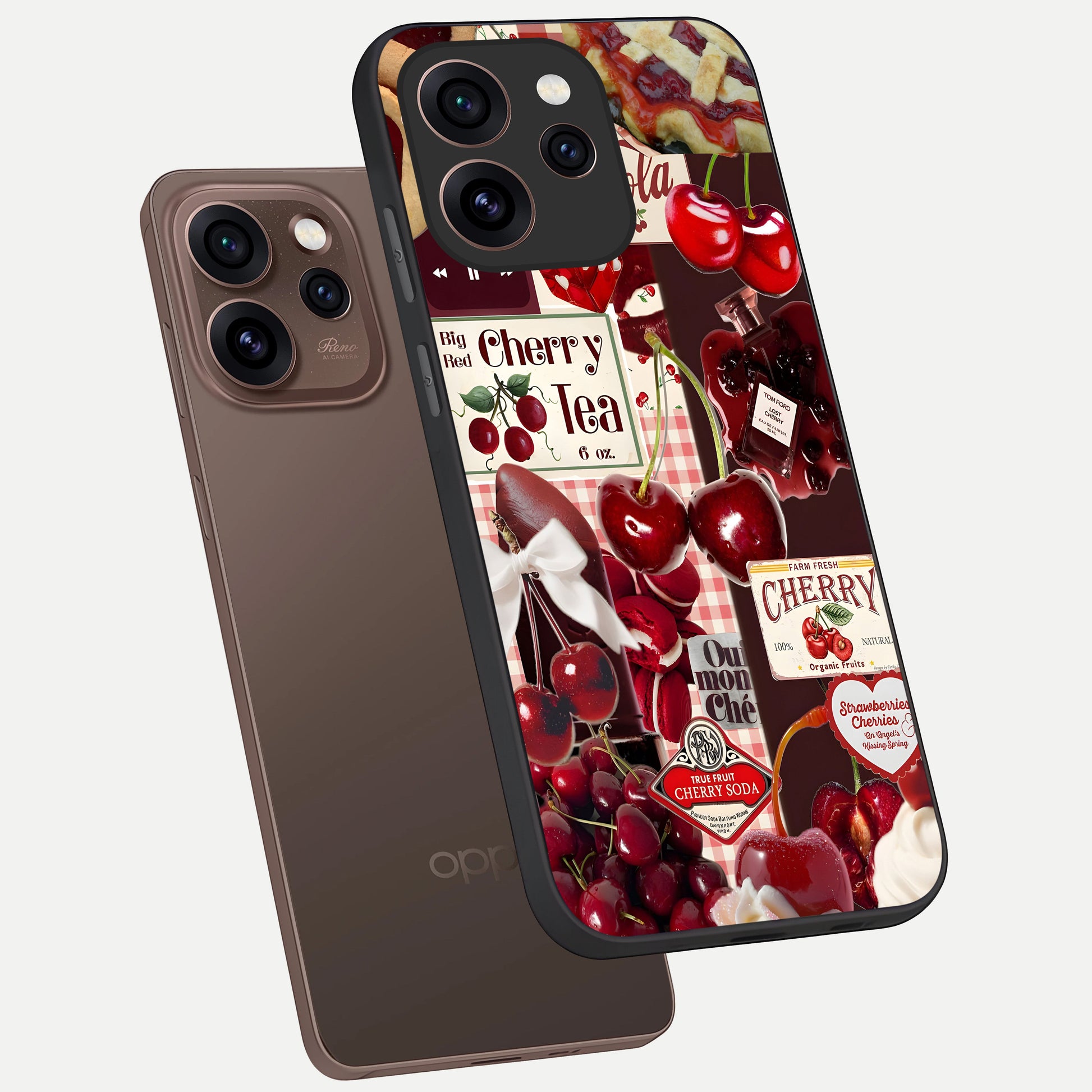  Aesthetic Cherry Tea phone case For Oppo Reno 15 Pro showing premium glass back cover with detailed artwork