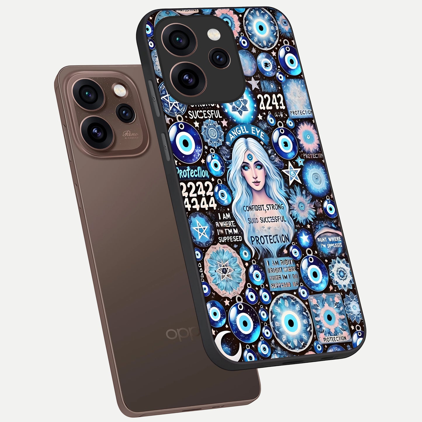  Angel Aura Shield phone case For Oppo Reno 15 Pro showing premium glass back cover with detailed artwork