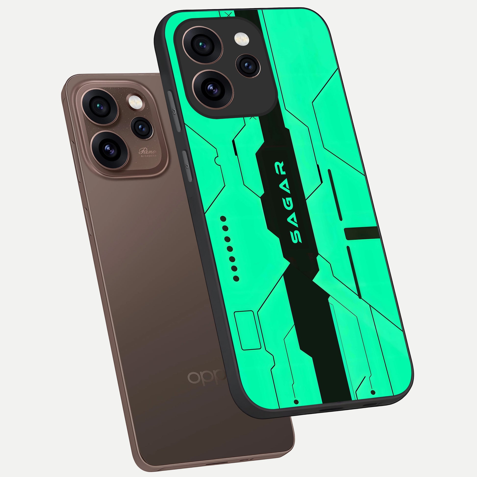  Aqua Tech CYBERPUNK Custom Name phone case For Oppo Reno 15 Pro showing premium glass back cover with detailed artwork
