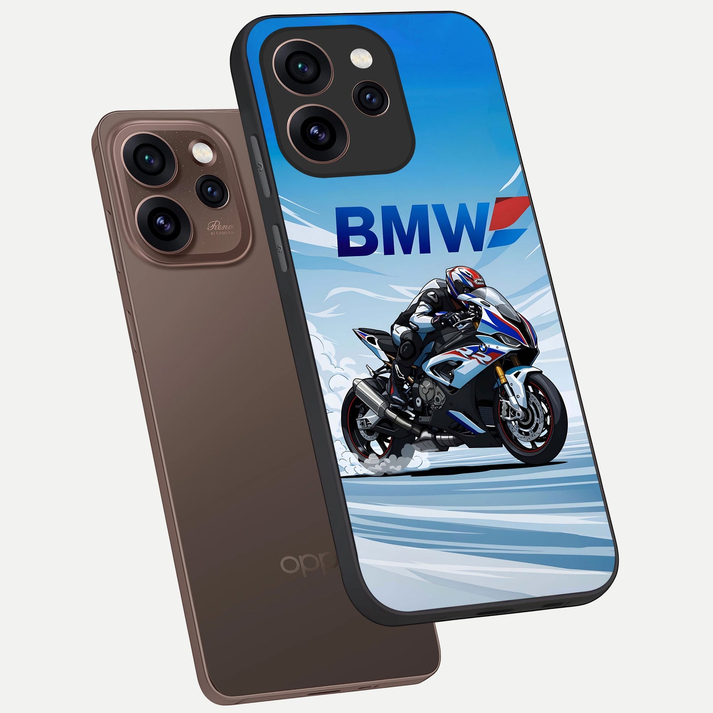  BMW Power Drift phone case For Oppo Reno 15 Pro showing premium glass back cover with detailed artwork