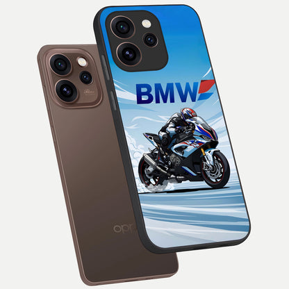  BMW Power Drift phone case For Oppo Reno 15 Pro showing premium glass back cover with detailed artwork